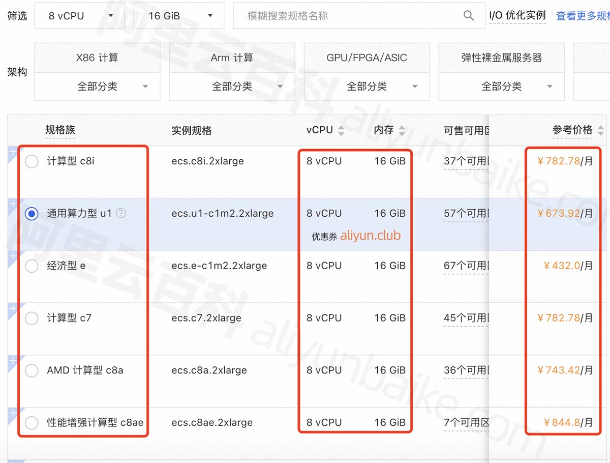 阿里云8核16G服务器ECS实例规格